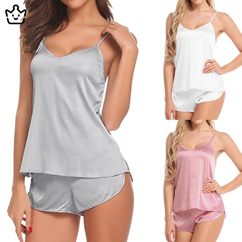 Bộ Đồ Ngủ Sát Nách Cổ Chữ V Bằng Vải Lụa Satin Màu Trơn Gợi Cảm Dễ Thương Dành Cho Bạn Nữ JP6