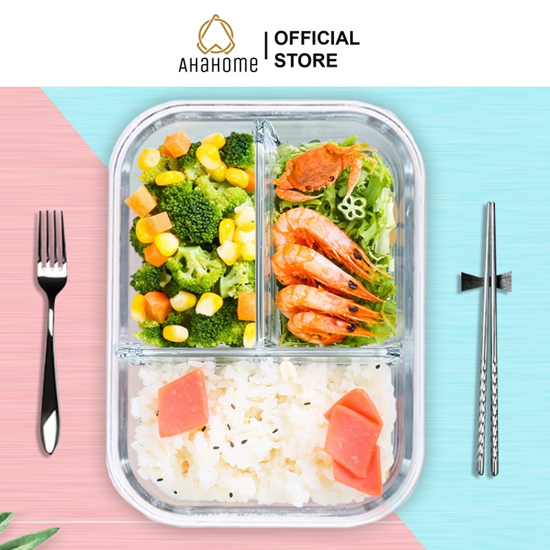 Hộp thủy tinh chia ngăn AHAHOME Glass Lunch Box 960ML