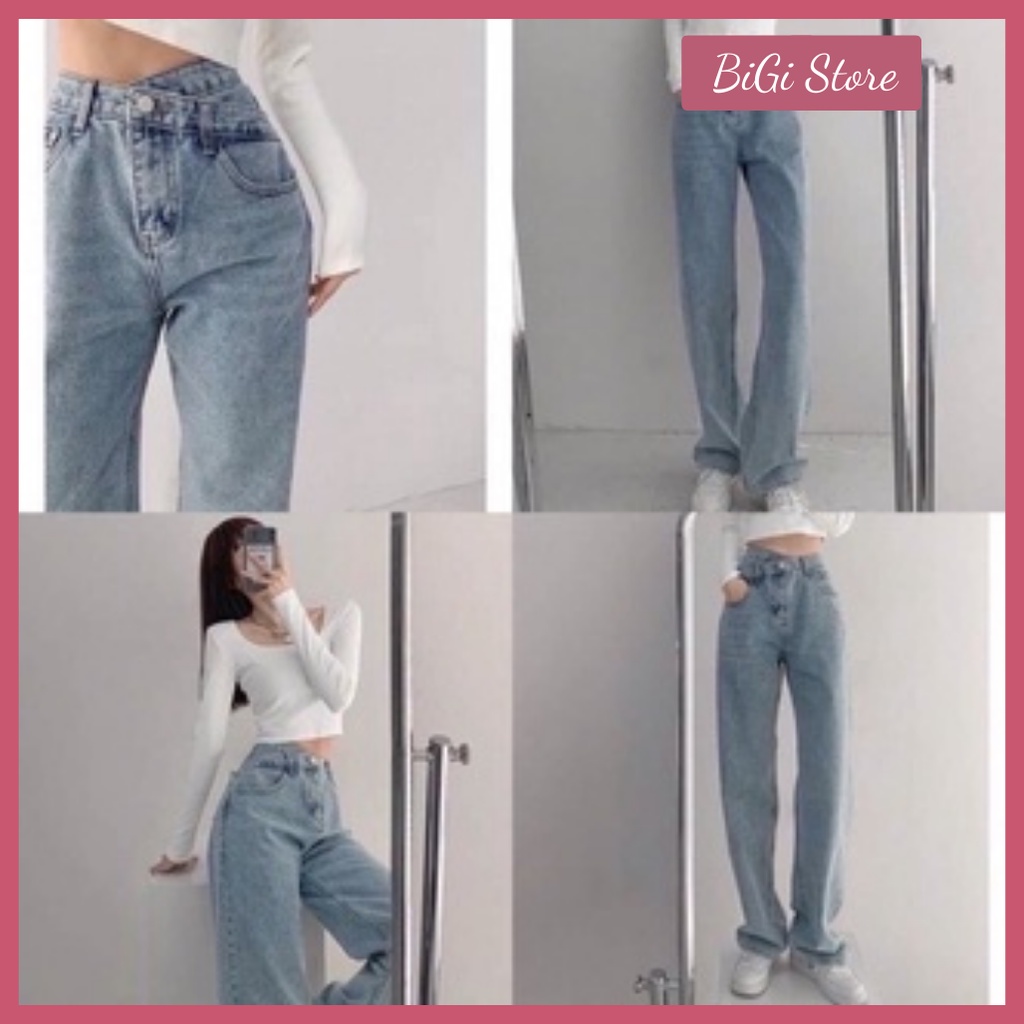 Quần jean nữ ống rộng lưng cao ulzzang EO CHÉO phong cách Hàn Quốc mặc lên cực tôn dáng Bigi Store Mã 05