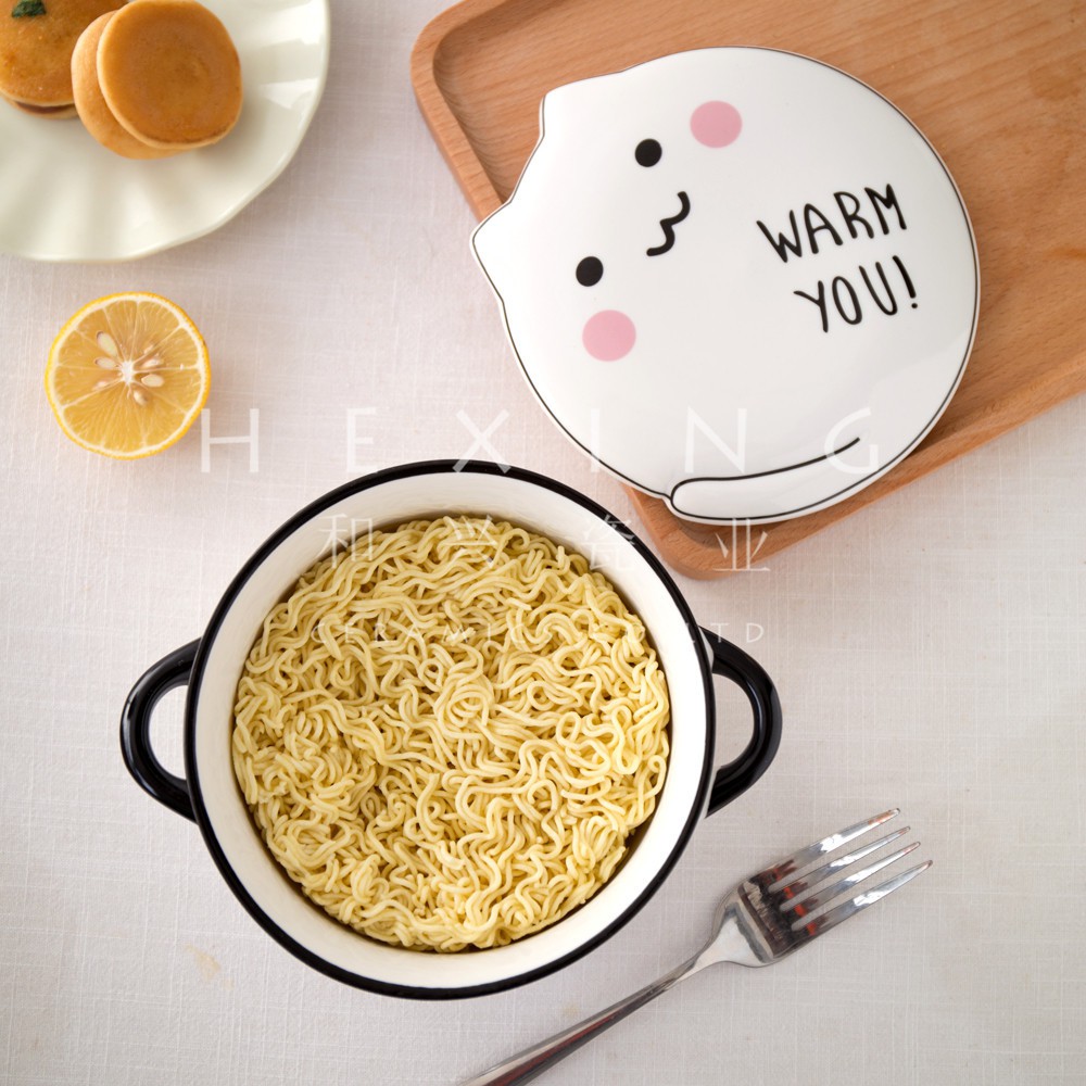 Bộ tô sứ Mèo Warm You kèm dĩa muỗng màu trắng cao cấp