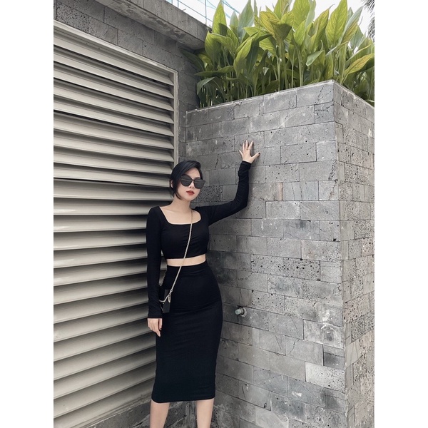 Ảnh thật ) V0802 Set body cotton áo cổ vuông và chân váy bút chì