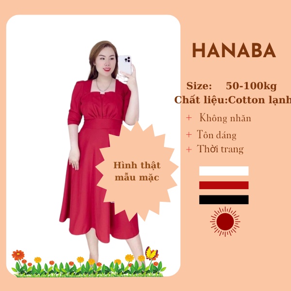 Đầm dự tiệc ,váy nữ bigsize dáng dài cổ vuông tay phồng thiết kế sang chảnh 50-100kg màu đỏ trắng đen hanaba DCV1