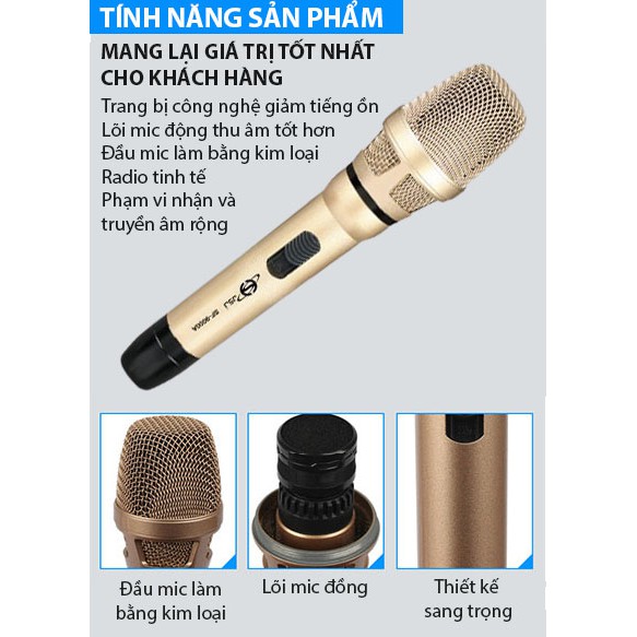 Micro karaoke có dây cao cấp JSJ SF-9000A thiết kế sang trọng mỹ quan hợp xu hướng đầu mic làm từ kim loại vàng