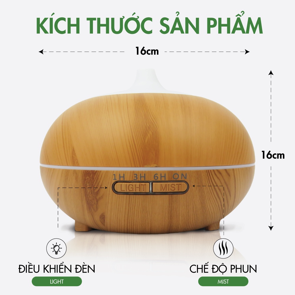 Máy Khuếch Tán Tinh Dầu Hình Quả Bí Vân Gỗ Đèn Led Có Remote: Tặng 3 Chai Tinh Dầu TOKIMORI Sả Chanh + Cam Ngọt + Bạc Ha