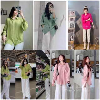Set áo sơ mi xanh trơn chất đũi mát kèm quần ống rộng trắng cạp chun