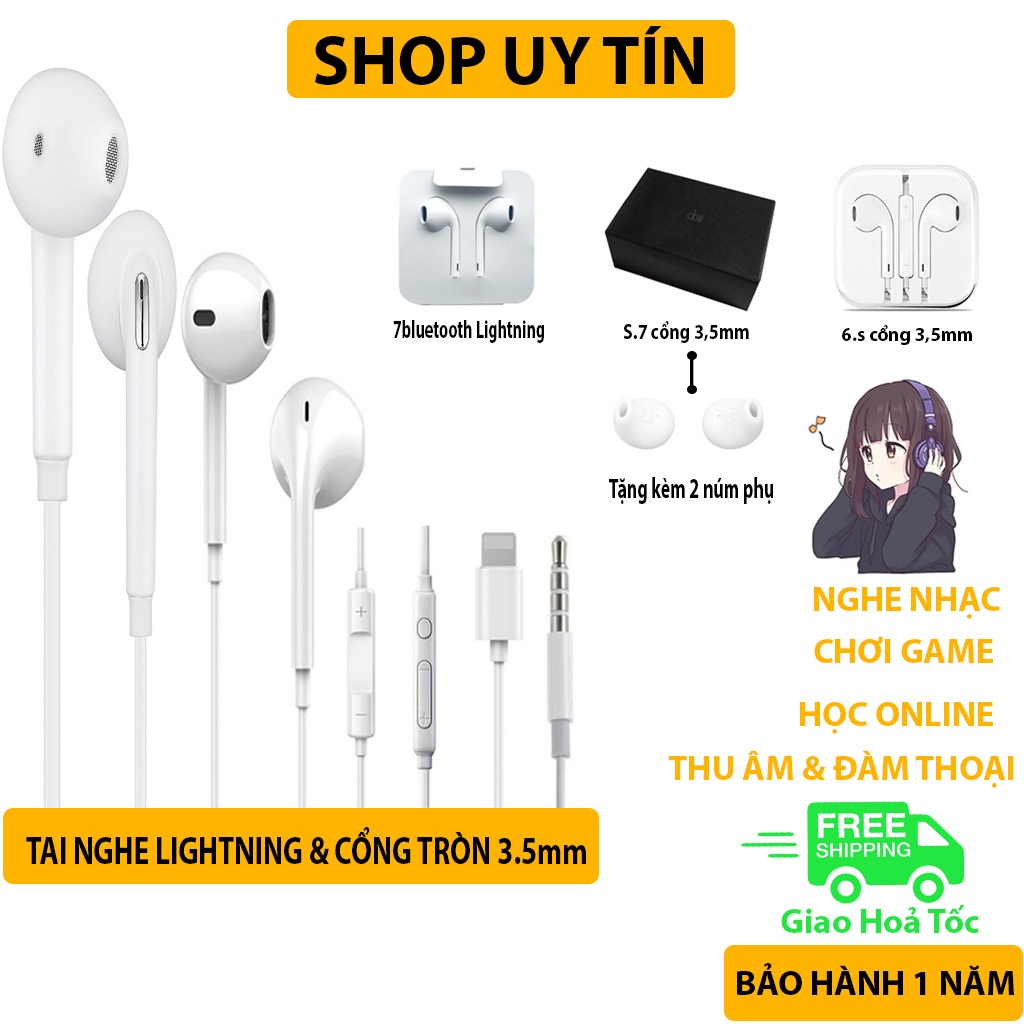 Tai Nghe nhét tai có dây 3.5mm rắc tròn & chân lightning kết nối bluetooth tương thích ip 6 6s 7 x ss s7 s10 note BH 12T