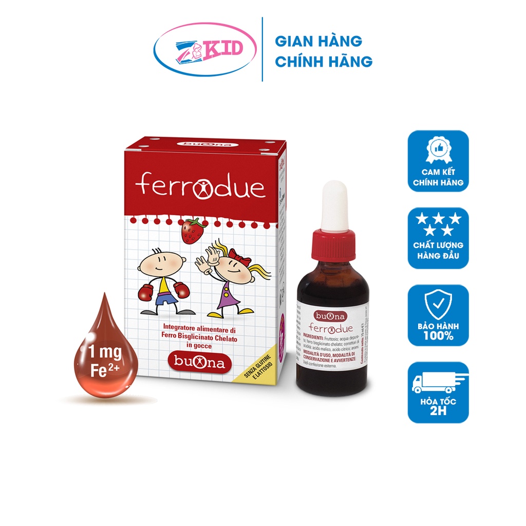 Buona Ferrodue - sắt hữu cơ nhỏ giọt cho bé vị dâu, dễ hấp thu - Lọ 15ml - Hàng chính hãng