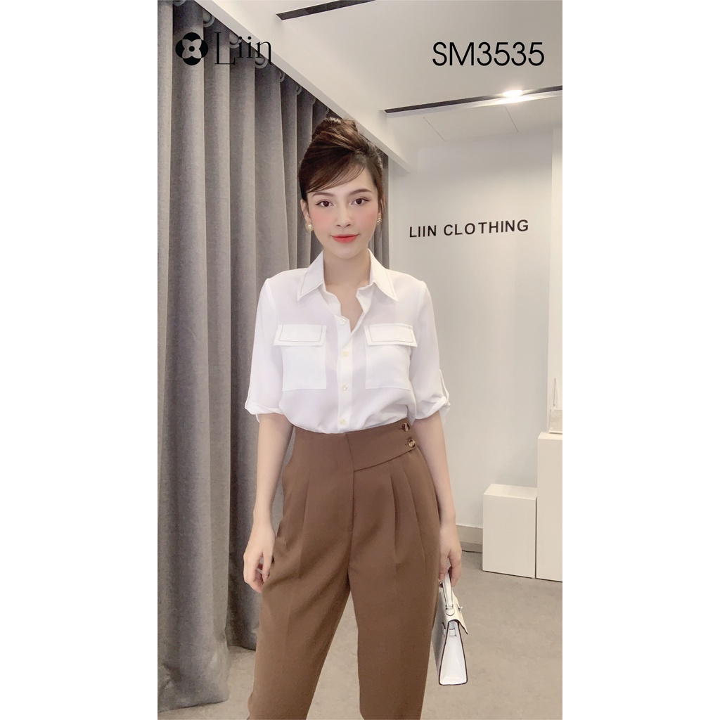 [Mã FAMARAL1 giảm 10K đơn 50K] Áo sơ mi nữ màu Trắng kết hợp Túi Nắp kiểu dáng trẻ trung, năng động Liin Clothing SM3535