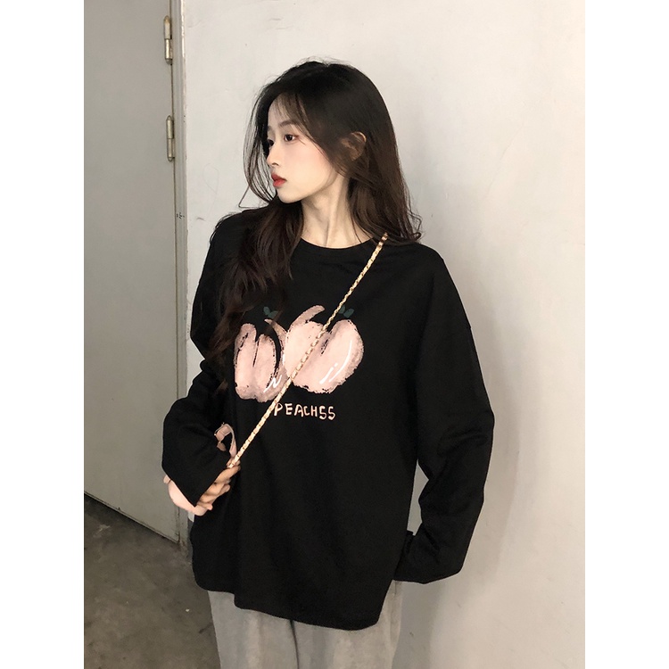 Áo thun cotton tay dài dáng rộng phong cách thời trang Hàn Quốc dành cho nữ