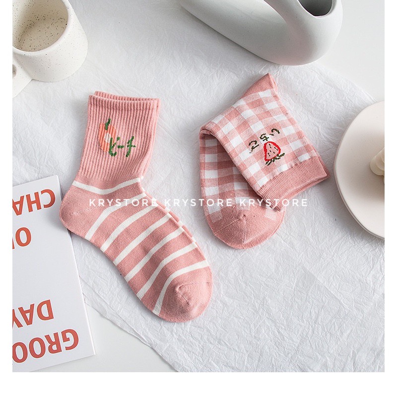 Set tất nữ họa tiết hoa quả màu hồng phong cách Hàn Quốc TC04