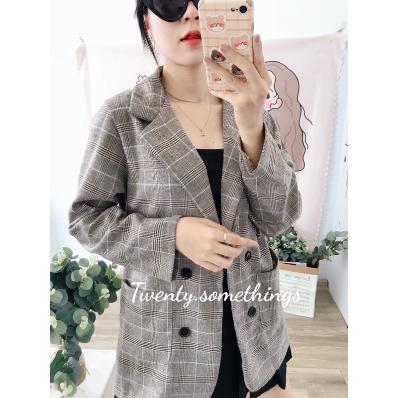 ÁO BLAZER KẺ NÂU SỮA 1 LỚP (ảnh thật/sẵn/video) | BigBuy360 - bigbuy360.vn