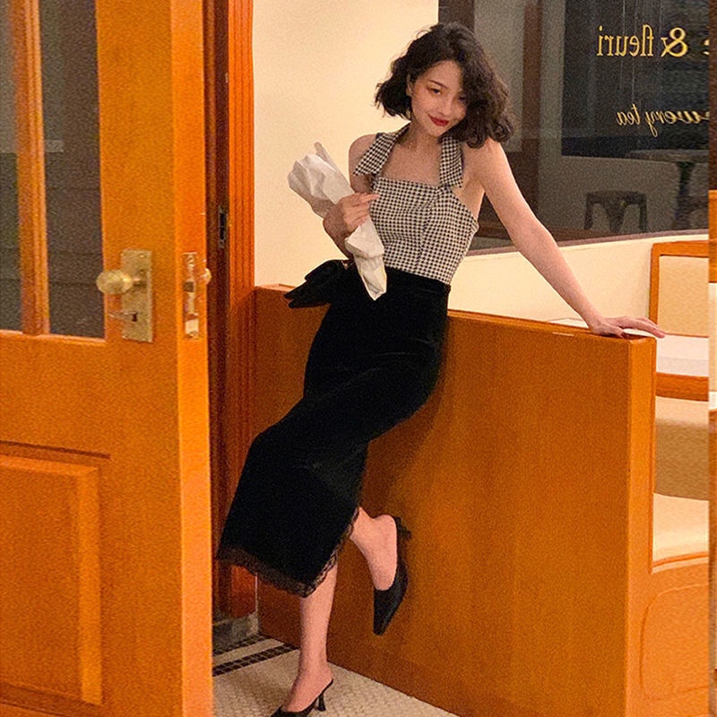 Chân váy nhung COZOK lưng cao phối ren phong cách cổ điển thời trang thu đông cho nữ