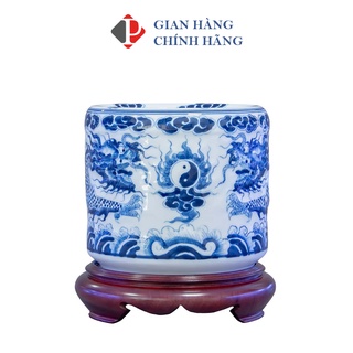 Bát hương men Lam Trắng Nổi họa tiết Rồng chầu thái cực, đồ thờ PHÙNG GIA - Gốm sứ Bát Tràng cao cấp
