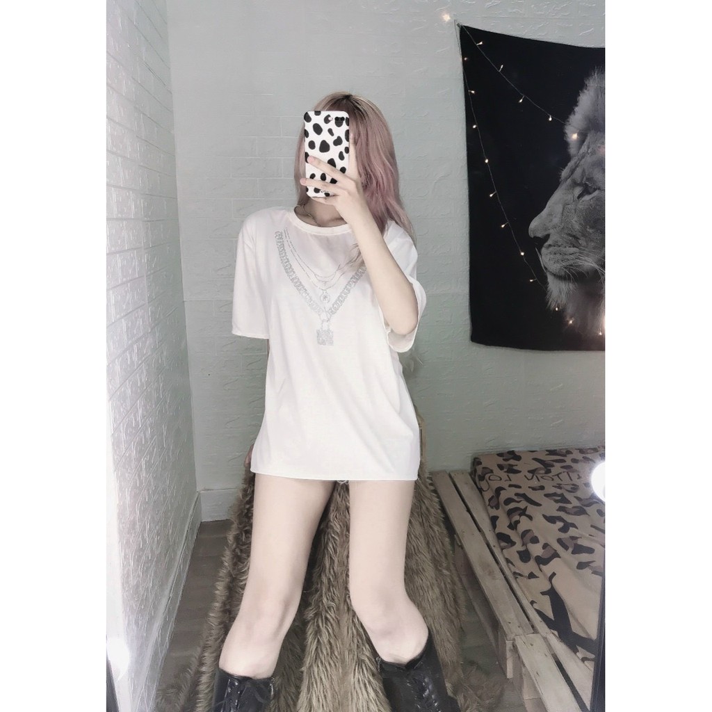 áo thun form rộng đính đá siêu sang chảnh dây chuyền siêu hot ảnh thật