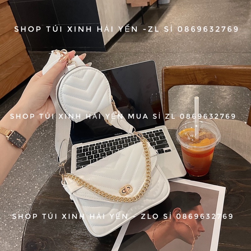 túi đeo chéo sét đôi siêu xinh, trần chỉ chéo xương cá khoá xoay