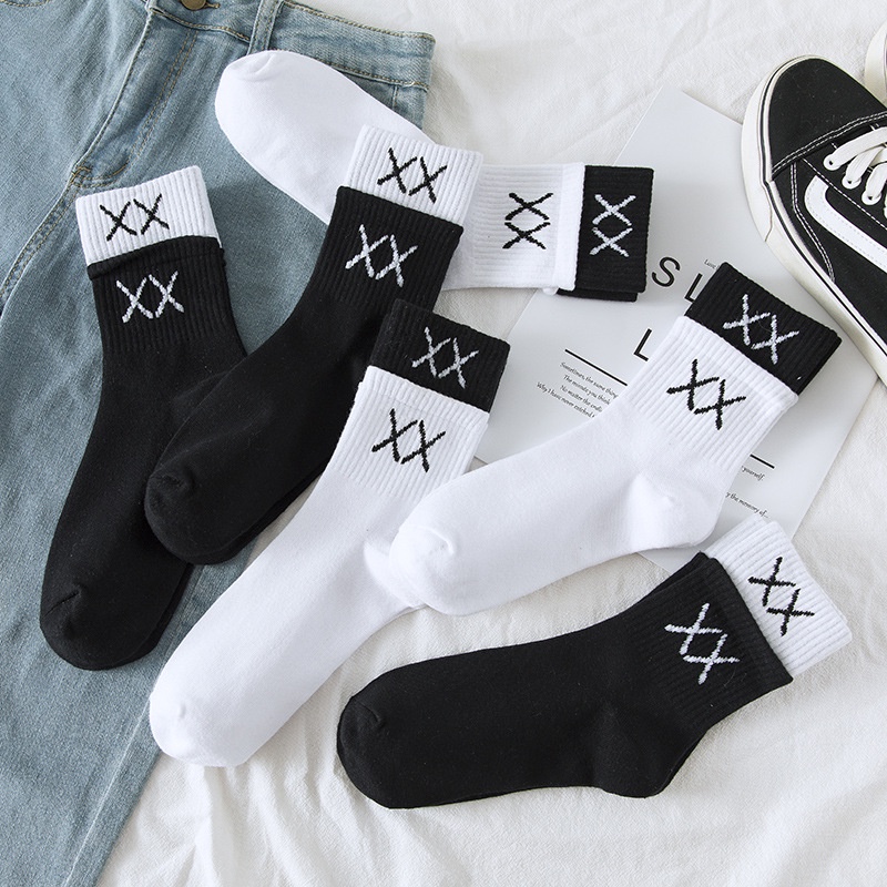 High-collar socks, men's and women's high-neck socks in basic plain color with the letter XX, fashion stretch cotton fabric