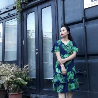 Váy bèo tầng đuôi cá chất lụa lá xanh
