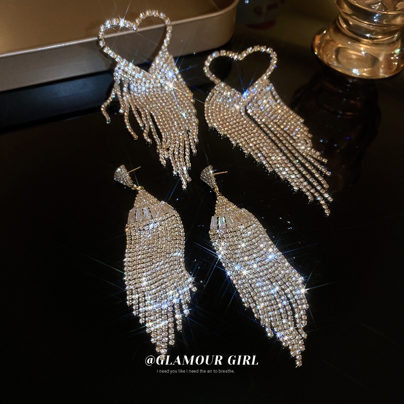 Bông Tai Hình Quạt Phối Tua Rua Đính Đá Zircon Phong Cách Âu Mỹ Thời Trang Cho Nữ