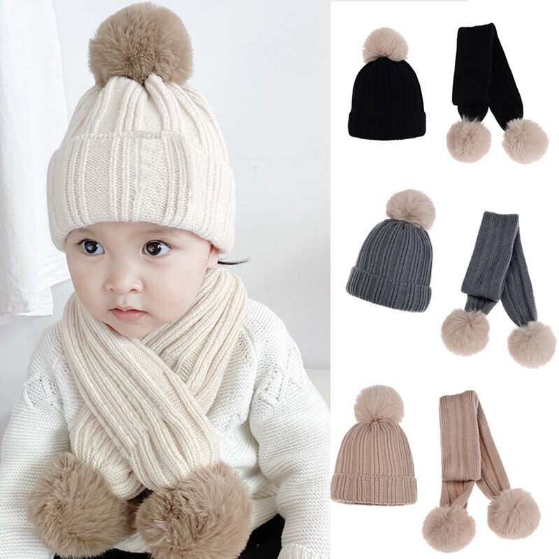 Set 2 Mũ beanie Kèm Khăn Choàng Cổ Màu Trơn Dễ Thương Cho Bé