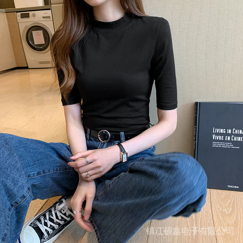 Áo Thun Tay Ngắn Màu Đen Cổ Cao Ôm Dáng Thời Trang Cho Nữ