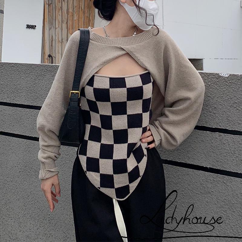 Áo hai dây dài tay họa tiết caro màu sắc đơn giản cho nữ