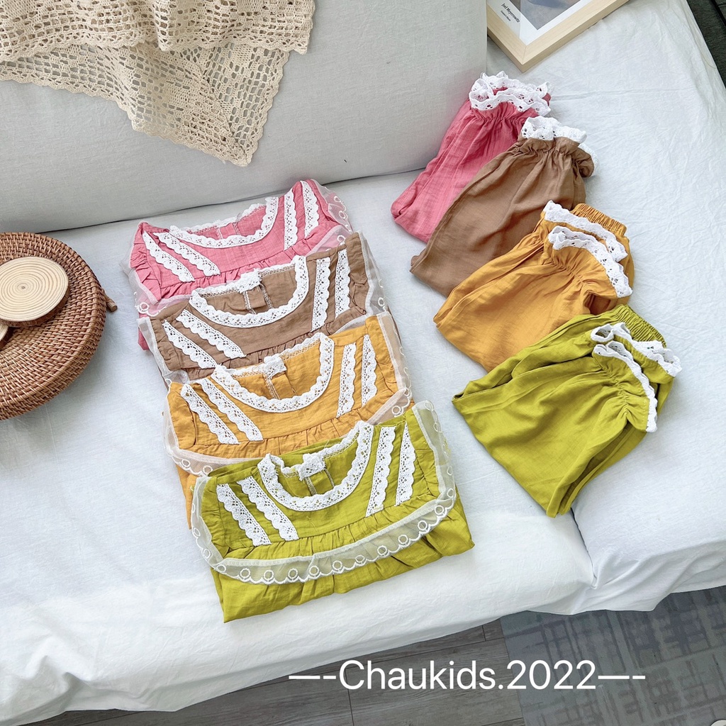 Bộ đũi phối ren dáng babydoll bé gái