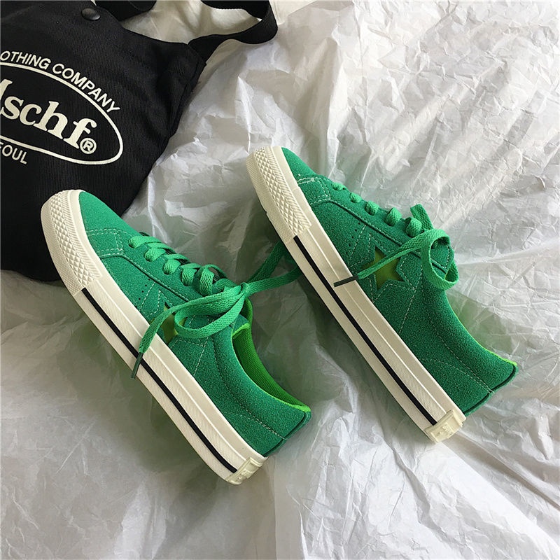Giày Thể Thao Canvas Màu Xanh Lá Họa Tiết Ngôi Sao Phong Cách Retro Dễ Phối Đồ