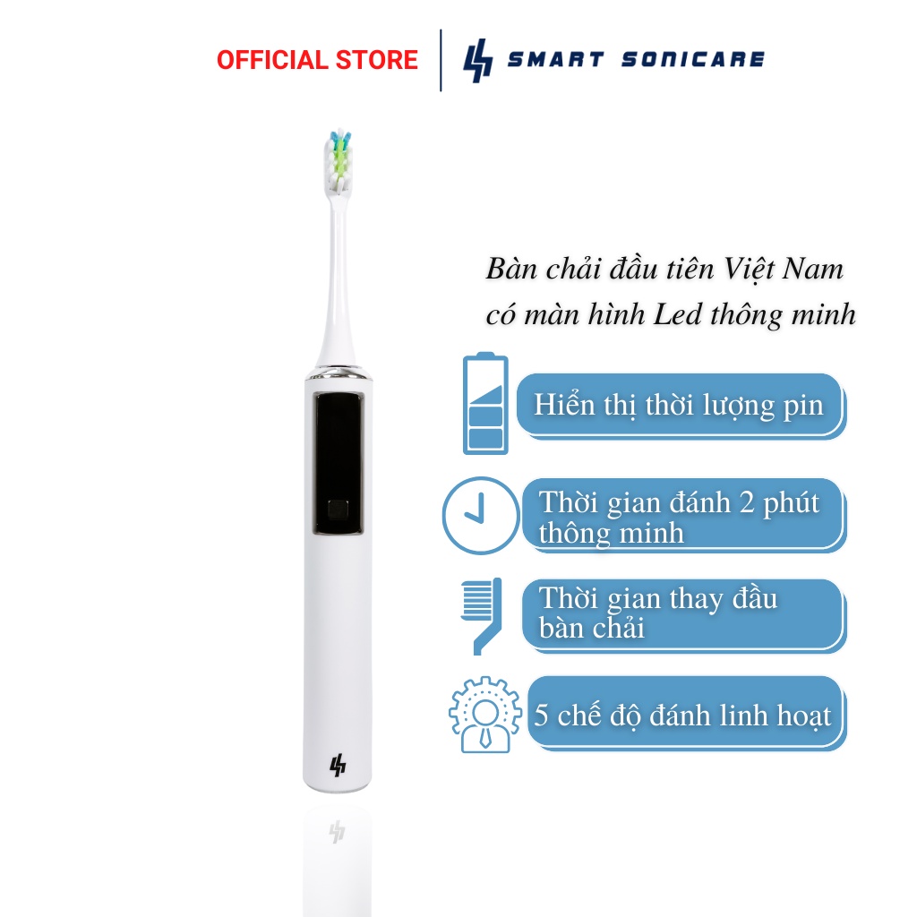 Bàn chải đánh răng điện Smart Sonicare SS-01-TRẮNG- màn hình LED, công nghệ sóng âm cao cấp như Oral B, Philips