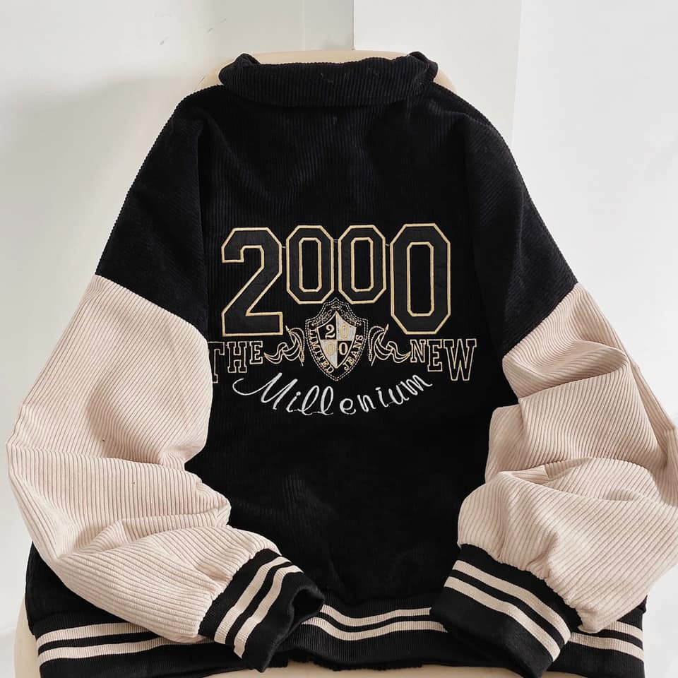 Áo khoác nhung gân nam nữ kiểu bomber phối đen nâu thêu chữ 2000 siêu đẹp thời trang hot trend