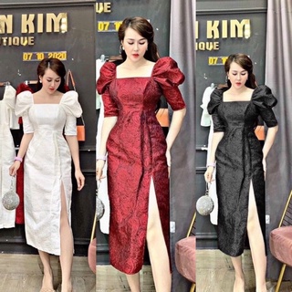 Đầm gấm sẻ tà cổ vuông midi bigsize 50kg đến 90kg (Đầm dự tiệc tiểu thư sang chảnh )(M/L/XL/XXL) ( đầm tết)