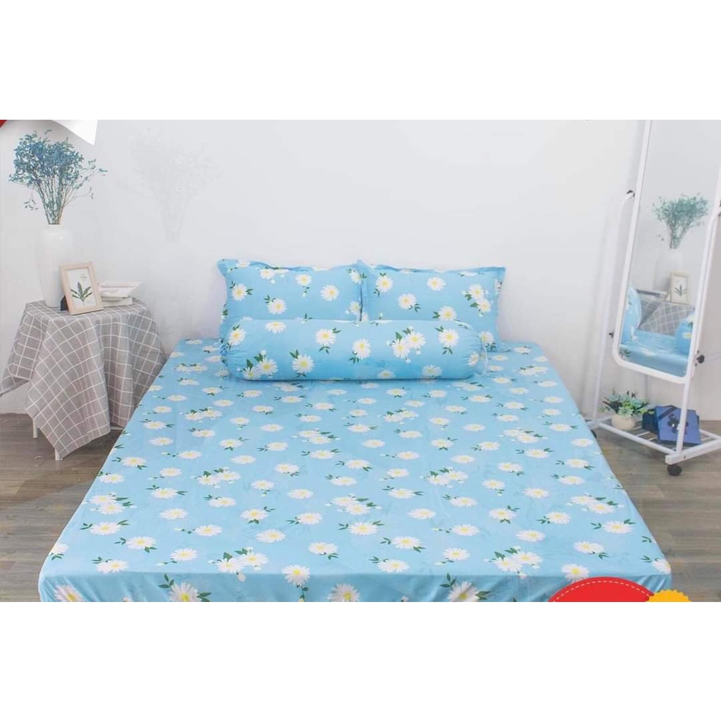 Bộ Ga gối 2mx2m21 ga 2 vỏ gốiChất Cotton Poly Mềm Mịn,MẪU HOA XANH