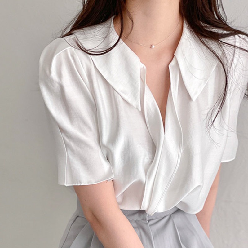 Áo kiểu trắng nữ Hàn Quốc đẹp Tay bồng Cổ sen Thời trang nữ Áo nữ kiểu Retro Ngắn tay Phong cách Pháp
