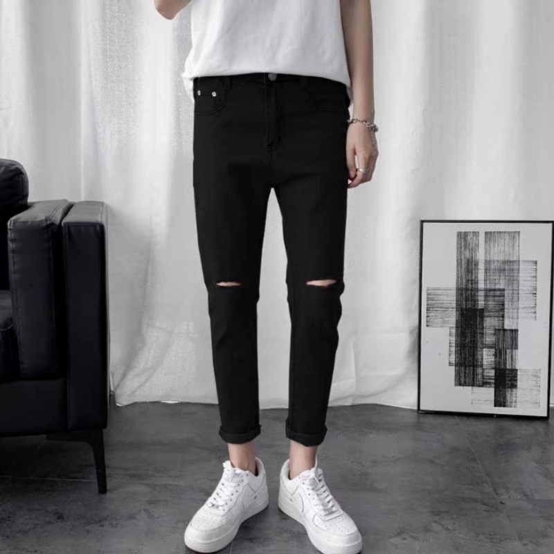 Quần Jeans Skinny,Mẫu quần jean nam đen [ Trơn &amp; Rách gối ] ống đứng tôn dáng - vải jeans bò co giãn 4 chiều cao cấp!
