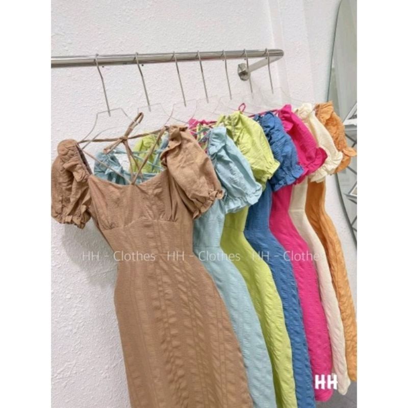 Váy nhăn chun vai cổ vuông tay bồng