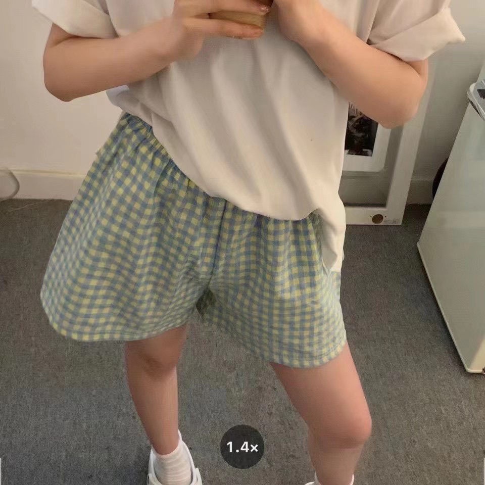 Quần đùi cotton lưng cao ống rộng họa tiết sọc caro thời trang mùa hè sành điệu cho nữ | BigBuy360 - bigbuy360.vn