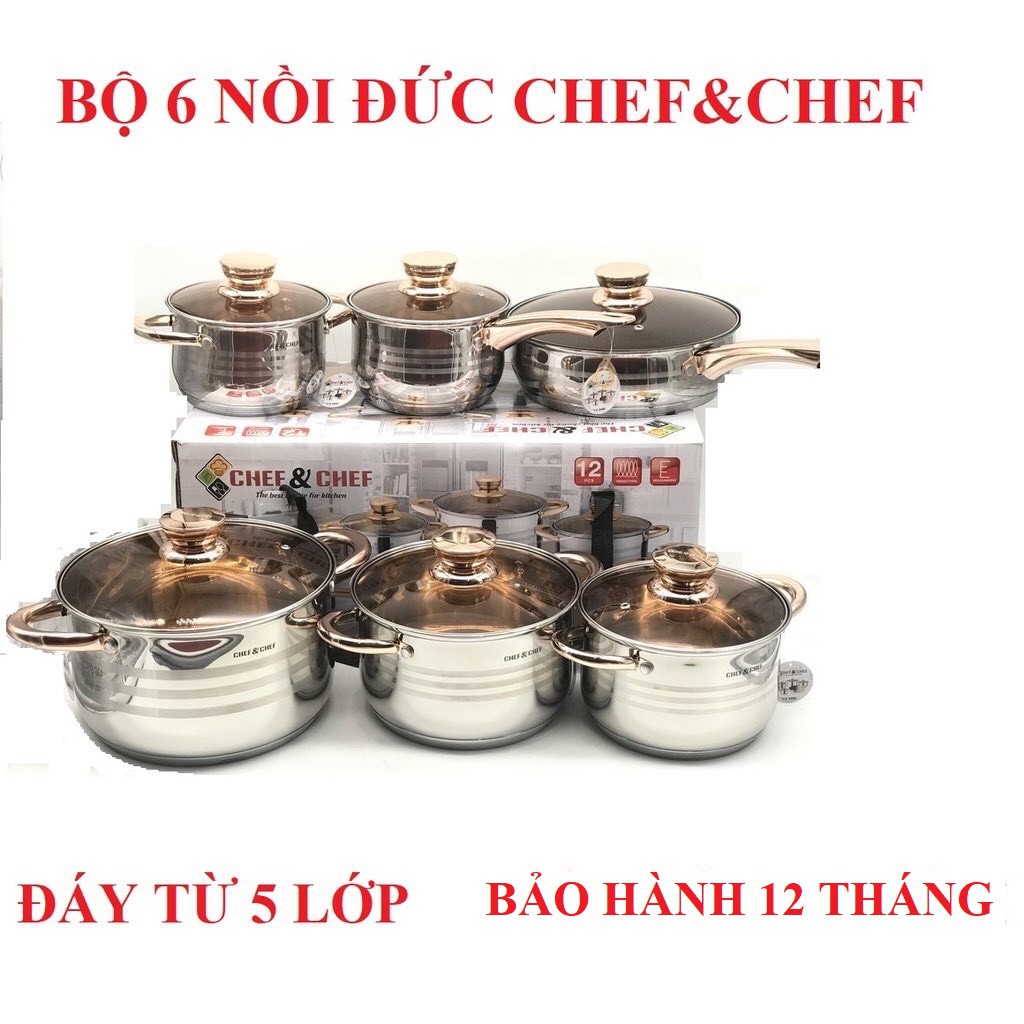 BỘ NỒI 6 MÓN VUNG KÍNH CHEF&amp;CHEF SIÊU ĐẸP  ( TỔNG KHO ĐÈN NHÁY )