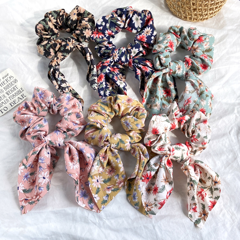 Dây chiffon cột tóc đính nơ &amp; hoa nhiều màu phong cách Bohemia - Hàn Quốc sang trọng