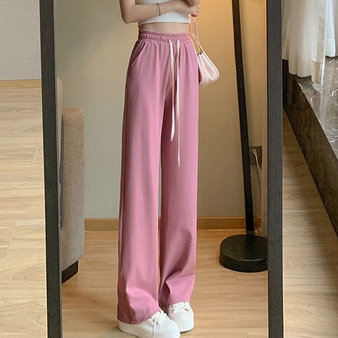 Quần Dài Ống Rộng Lưng Cao Vải Lụa Lạnh Mỏng Màu Xanh Dương Phong Cách Mới Thời Trang Mùa Hè