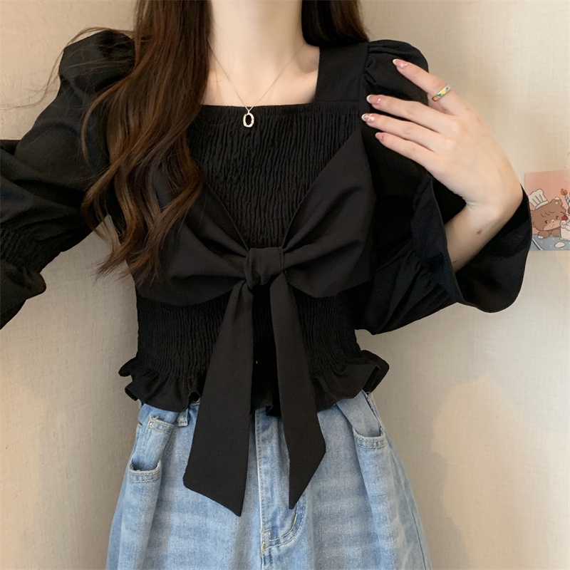 IELGY Áo Sơ Mi Đen Cổ Vuông Phong Cách Pháp Thời Trang Cho Nữ