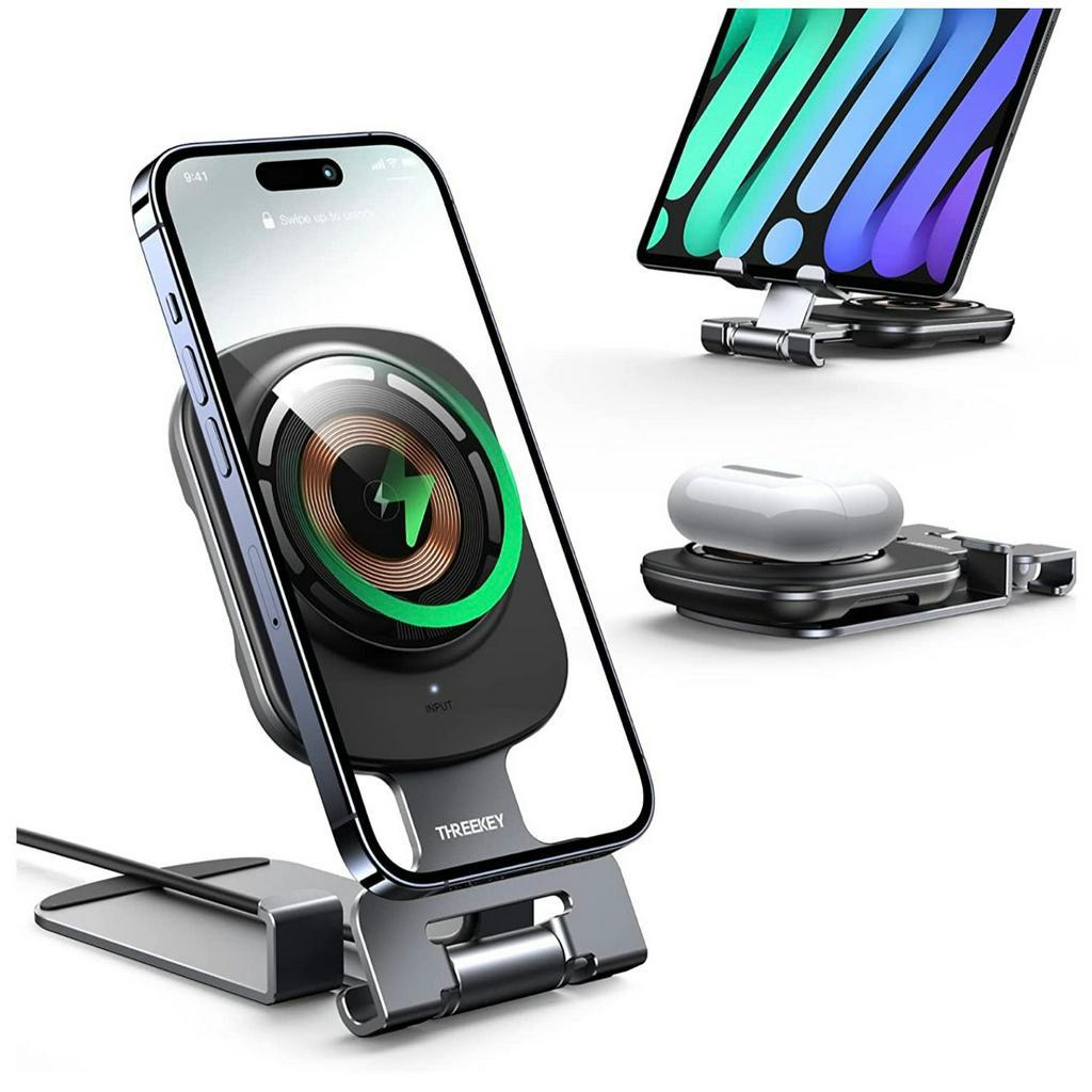 Đế sạc không dây từ tính giá đỡ ipad iPhone tai nghe,2 trong 1 THREEKEY TK 32 có thể gập lại và điều chỉnh  Fast Mag 15W