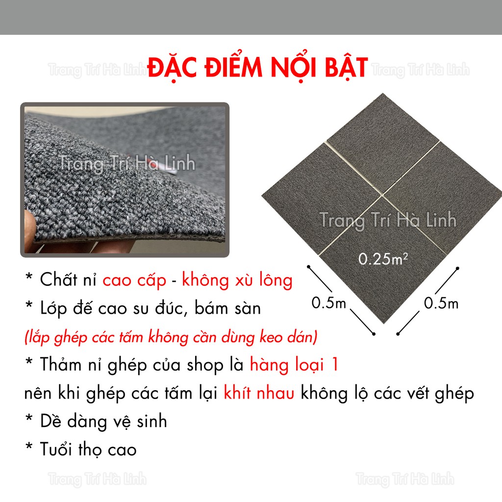 Thảm nỉ ghép đế cao su trải sàn ĐÀI LOAN cao cấp cho văn phòng khách sạn 50cmx50cm