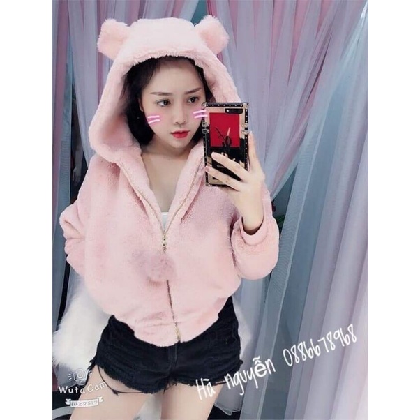 Áo khoác lông gấu hồng nữ khóa kéo, áo khoác lông tai gấu mùa đông siêu ấm  chất lông mượt .màu hồng | BigBuy360 - bigbuy360.vn
