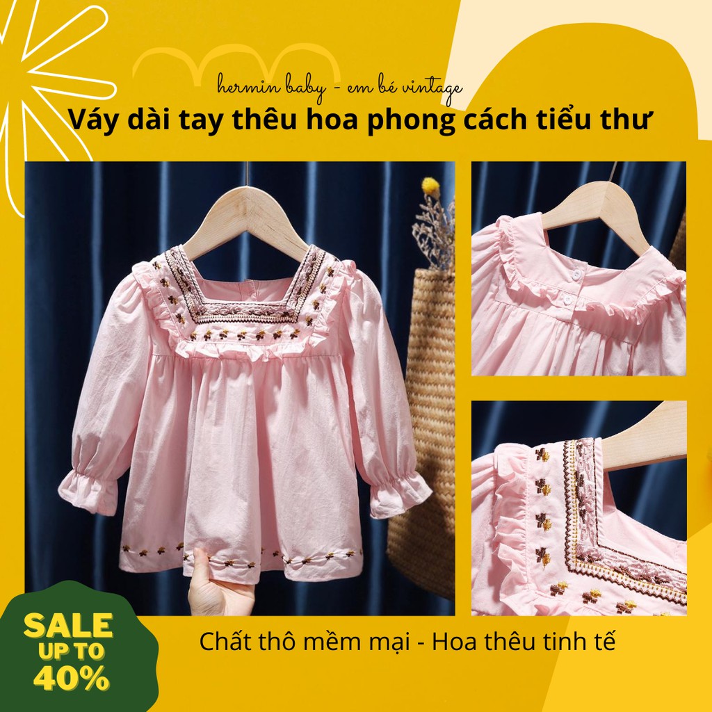 Váy babydoll thêu hoa dài tay cho bé gái chất thô mát cực dễ thương (ảnh thật)