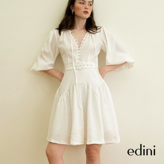 Đầm Xoè Đính Nút Tay Phồng Màu Trắng EDINI - D1430