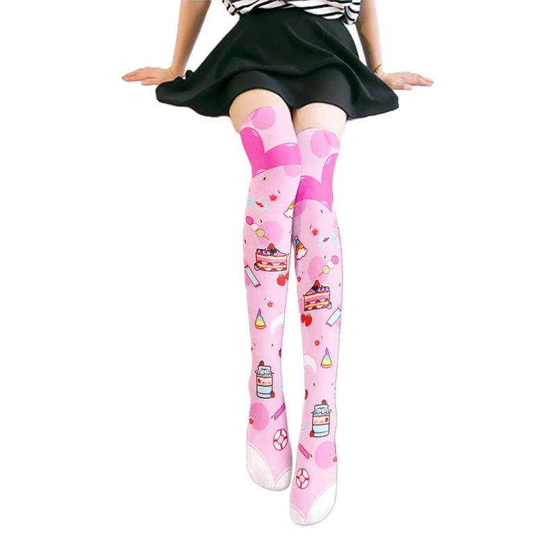 Tất Dài Qua Gối In Hình Hộp Sữa Phong Cách Lolita Dễ Thương Cho Nữ
