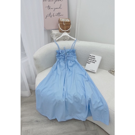 ĐẦM MIDI XANH BO CHUN NGỰC 2 DÂY CỘT