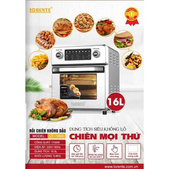 TẶNG KẸP -NỒI CHIÊN KHÔNG DẦU LORENTE 16L INOX SIÊU BỀN ĐẸP , KO MÙI NHỰA