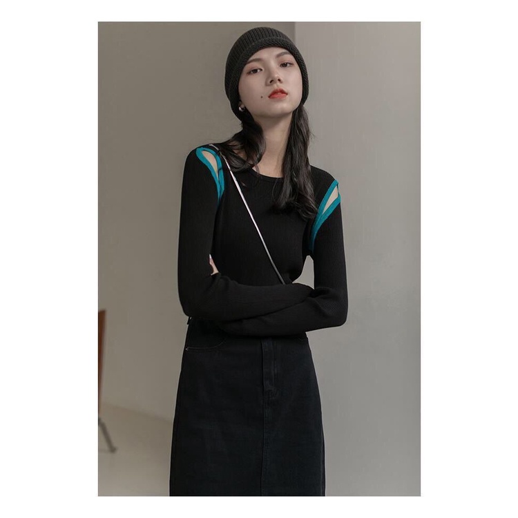 Áo Thun Tay Dài Khoét Vai Màu Sắc Tương Phản Thời Trang Mùa Thu Cho Nữ