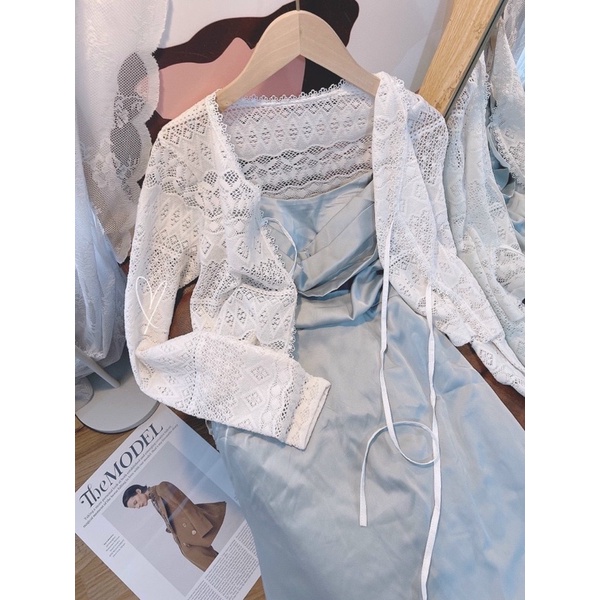 SET ĐẦM PHI XANH CỔ ĐỔ + ÁO KHOÁC REN TRẮNG