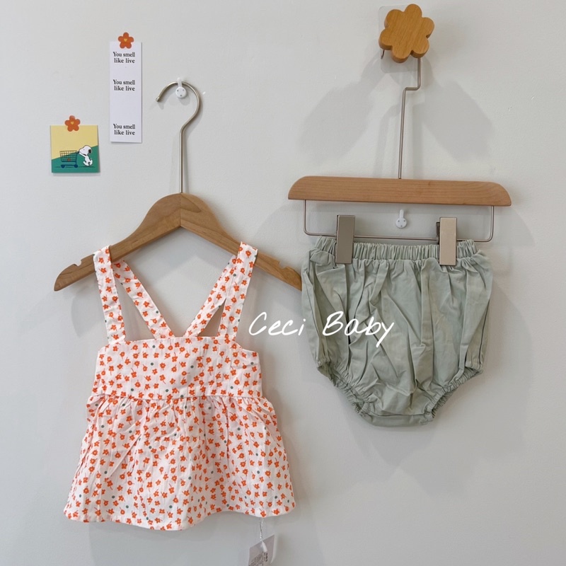 Bộ áo hai dây hoa và quần cho bé gái xinh xắn ảnh thật